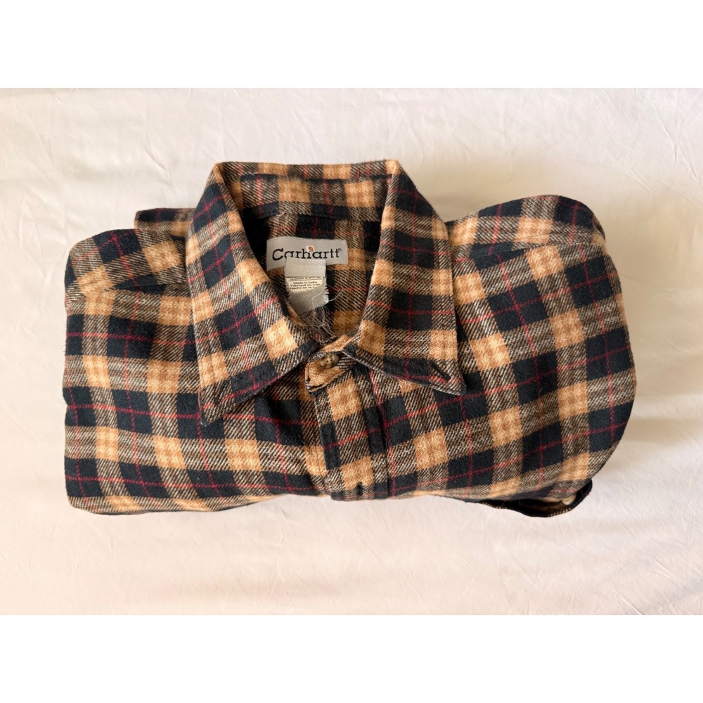 Vintage Carhartt Mens XL Plaid Flannel Shirt Long Sleeve Tan Black brown Cotton
